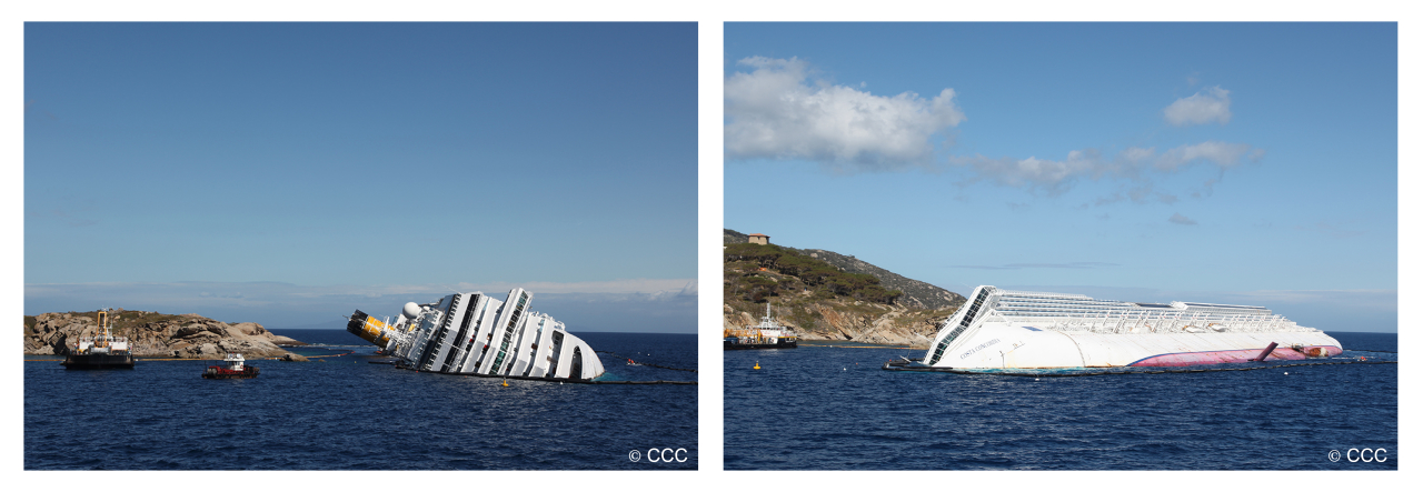 Zwei Bilder mit der verunglückten
        Costa Concordia. Erstes Bild zeigt das, auf der Seite im Meer liegende Schiff von Vorne, das zweite zeigt es von der Seite 