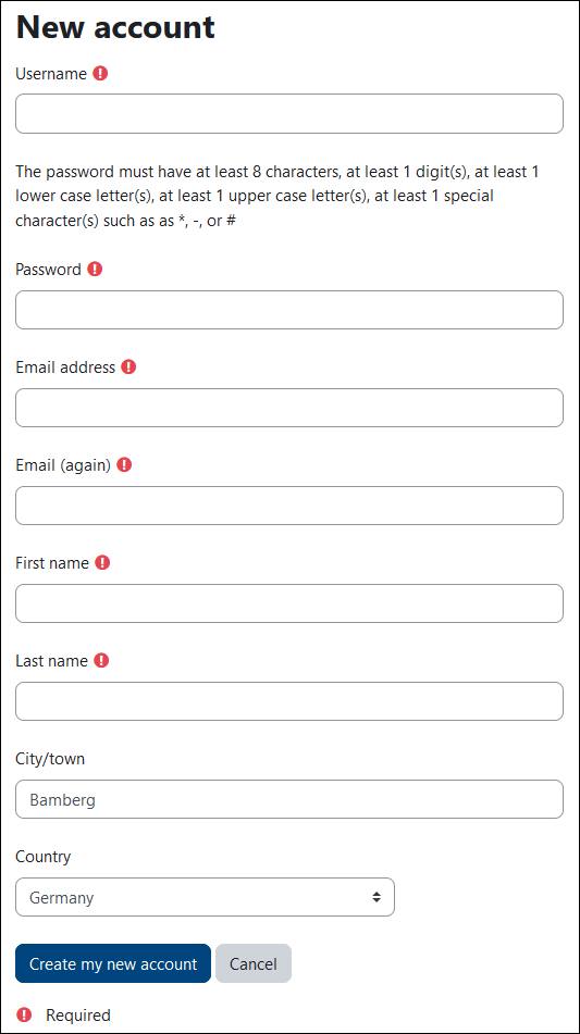 Form to create a new account