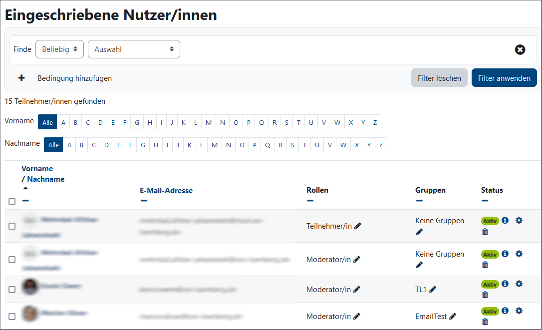 Beispiel-Ausschnitt der Seite "Teilnehmer/innen" in einem VC-Kurs