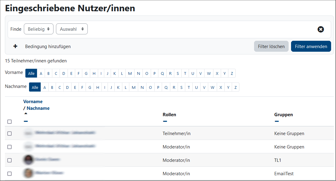 Beispielansicht einer Seite "Teilnehmer/innen" bei Personen in der Rolle "Teilnehmer/in"
