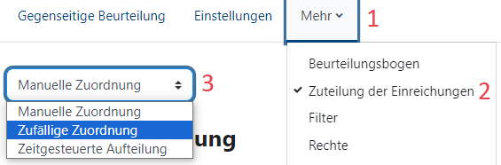 Screenshot der Menüs "Mehr" (mit Zuteilung der Einreichungen) und "Manuelle Zuordnung" (mit den drei Zuordnungsmöglichkeiten)