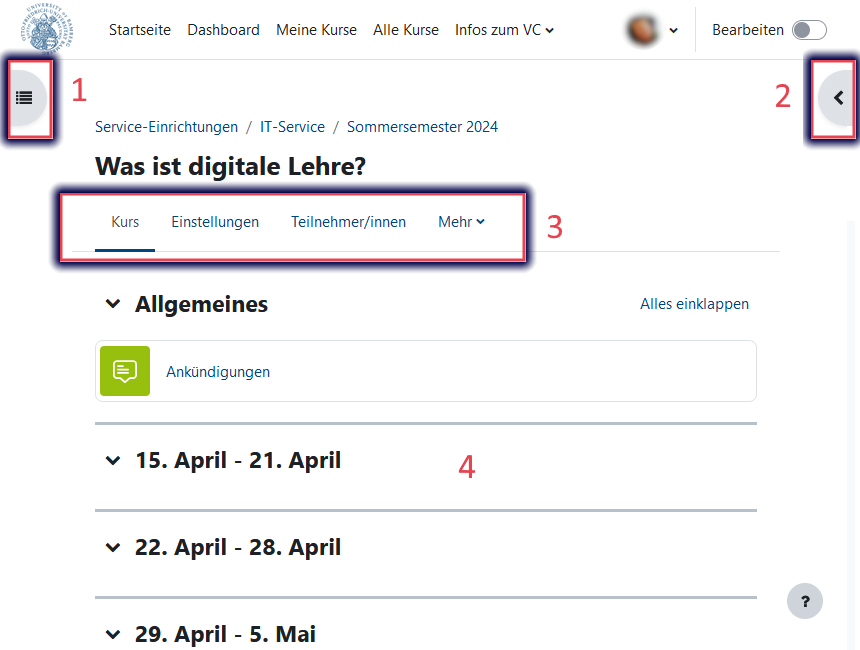 Ansicht eines VC-Kurses mit Hervorhebung von wichtigen Aspekten, die im Text erläutert werden