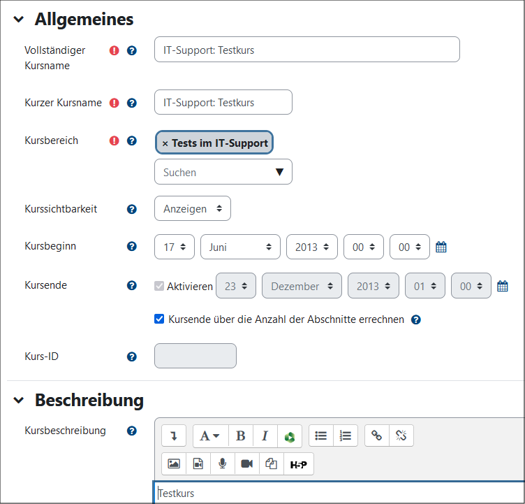 Das Bild ist eine Übersicht über die Grundeinstellungen des Kurses, wenn dieser bearbeitet wird.