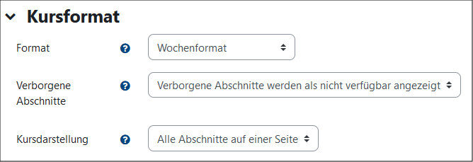 Das Bild zeigt die Einstellungen zum Kursformat des VC-Kurses.