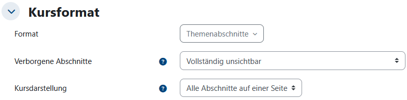 Screenshot der Einstellungen zum Kursformat eines VC-Kurses