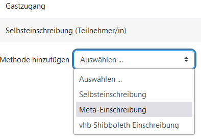 Ausschnitt der Seite "Einschreibemethoden" mit aufgeklapptem Auswahlfeld "Methode hinzufügen"