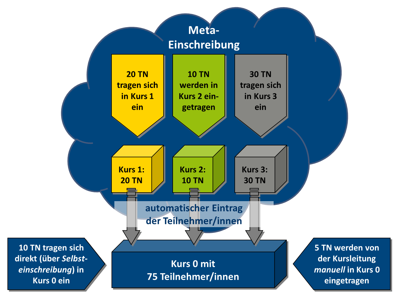Schaubild für Meta-Einschreibung: Durch Verbindung von mehreren Kursen gelangen Studierende automatisch in einen Metha-Kurs