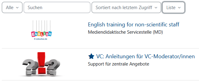 Kursübersicht "Liste" unter "Meine Kurse"