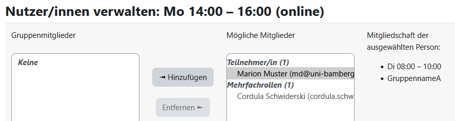 Ausschnitt der Seite Nutzer/innen verwalten einer ausgewählten Gruppe