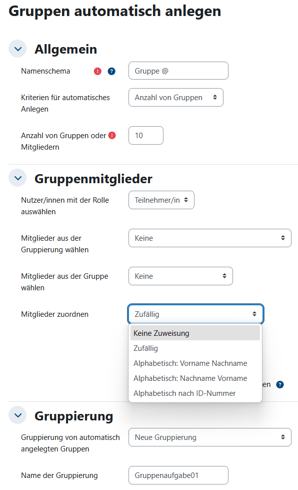 Screenshot von "Gruppen automatisch anlegen" mit Beispieleinträgen