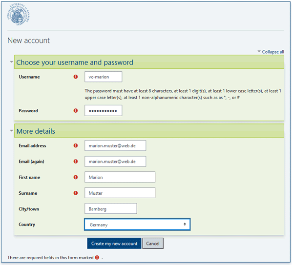 form to create a new account